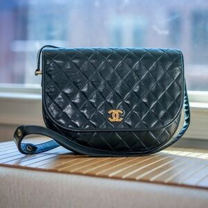 Vintage  Chanel Lambskin  Crescent Navy -24k gold plated hardware